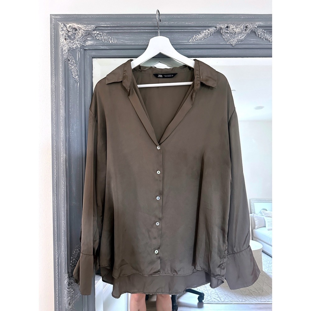 Zara Women Olive Green Basic Satin Finish Button Up Blouse Long Sleeve Shirt XL - Picture 3 of 9